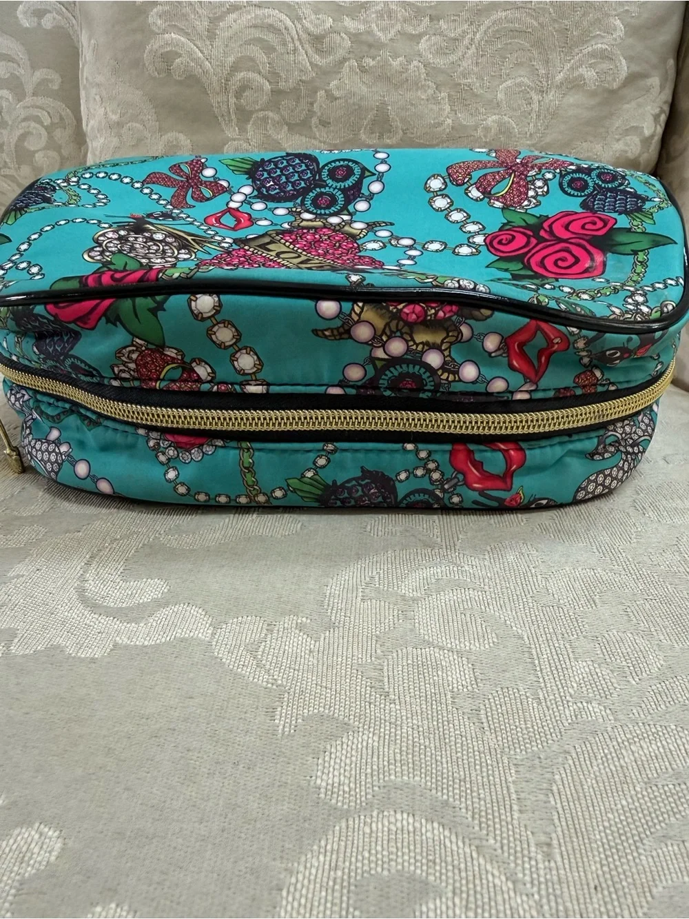 Betsey Johnson Teal Printed Cosmetic Case with Jewel & Rose Motif